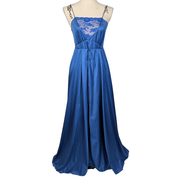 70s Vintage René Blue Satin Lace Nightgown & Robe Set 1970s Glam Lingerie - Picture 2 of 16